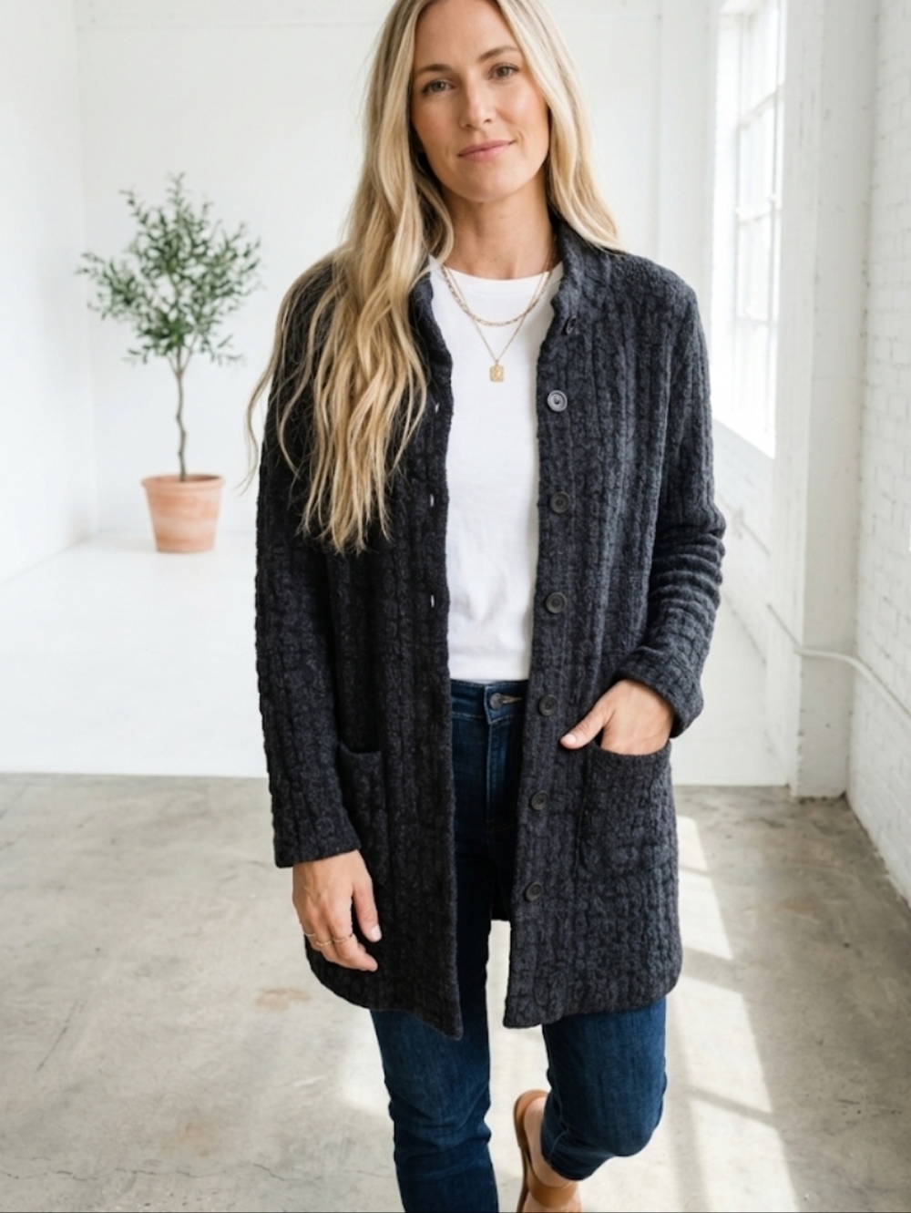 Eileen Fisher Wool Blend Textured Cardigan Button Front